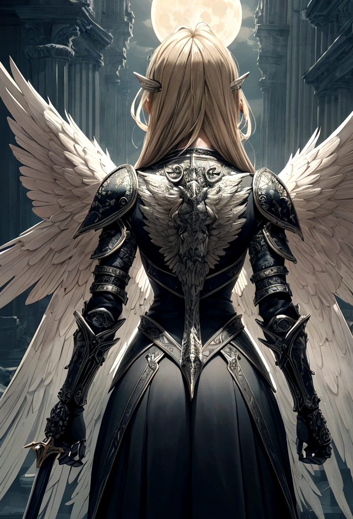 a shot (taken from the rear: 1.5), 16K, ultra detailed, masterpiece, best quality, (extremely detailed), arafed, dnd art, portrait, full body, aasimar, female, (Masterpiece 1.3, intense details), female, paladin, holy warrior, spread large feathered wings, (wings sprouting from the back: 1.3), majestic wings, white angelic wings spread (Masterpiece, intense details: 1.5), moon light, moon, stars, clouds, holy symbol, armed with sword, short blond hair, dark fantasy cemetery background, anatomically correct (Masterpiece 1.3, intense details), angel_wings, determined face, god rays, cinematic lighting, glowing light, silhouette, from outside, photorealism, panoramic view (Masterpiece 1.3, intense details) , Wide-Angle, Ultra-Wide Angle, 16k, highres, best quality, high details, armored dress
