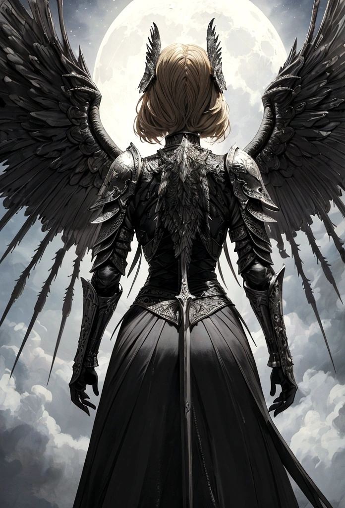 a shot (taken from the rear: 1.5), 16K, ultra detailed, masterpiece, best quality, (extremely detailed), arafed, dnd art, portrait, full body, aasimar, female, (Masterpiece 1.3, intense details), female, paladin, holy warrior, spread large feathered wings, (wings sprouting from the back: 1.3), majestic wings, white angelic wings spread (Masterpiece, intense details: 1.5), moon light, moon, stars, clouds, holy symbol, armed with sword, short blond hair, dark fantasy cemetery background, anatomically correct (Masterpiece 1.3, intense details), angel_wings, determined face, god rays, cinematic lighting, glowing light, silhouette, from outside, photorealism, panoramic view (Masterpiece 1.3, intense details) , Wide-Angle, Ultra-Wide Angle, 16k, highres, best quality, high details, armored dress
