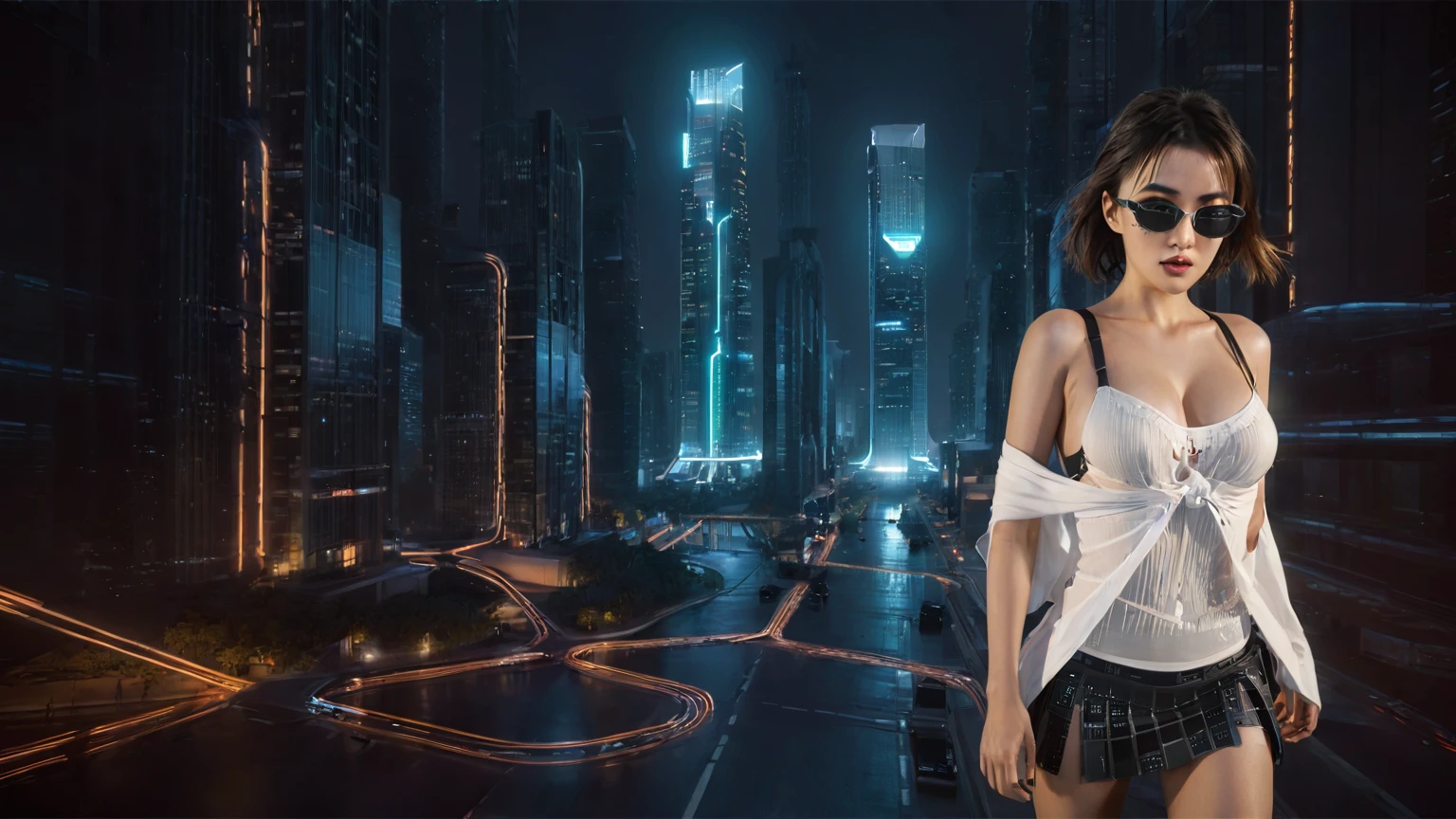 UE 5, computer render, Rendered by Octane, (8K, tmasterpiece), (realistically, Photo degree:1) luminescent concept art, (((((aerial view))))) of Cyberpunk city scene, ((Surreal circuit architecture)), (((((supercars street racing, 1 drone))))). Matrix style, (((((Matrix cascading code))))), (((((a futuristic twin tower skyscraper with a unique twisted design))))), (((((OLED GUI interfaces in the building))))), at night, (((((1girl, solo))))), photo realistic, (((large-breast:1.2 slim body, cleavage))), (((off torn mini matrix-code sling-shirt and black sling bra, extreamly short pleated matrix-code miniskirt exposing panty))), (((((running pose))))), (((((((matrix style black micro sunglasses))))))), ((((((((((aiming with a short gun)))))))))), (((((looking at camera))))), (((very low view))), (((((half-body thigh level medium shot))))), (((cinematic lighting))).