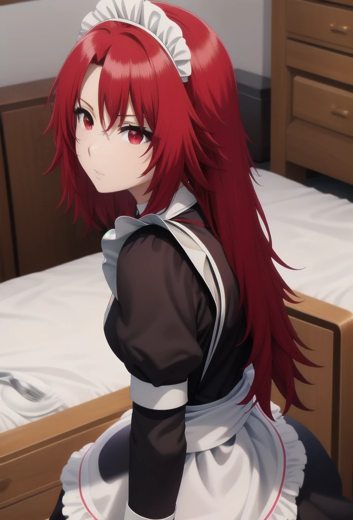 best quality, red hair,red eyes,masterpiece, highres, solo, (maid:1.40), (long maid dress:1.15), anime_style, 14
