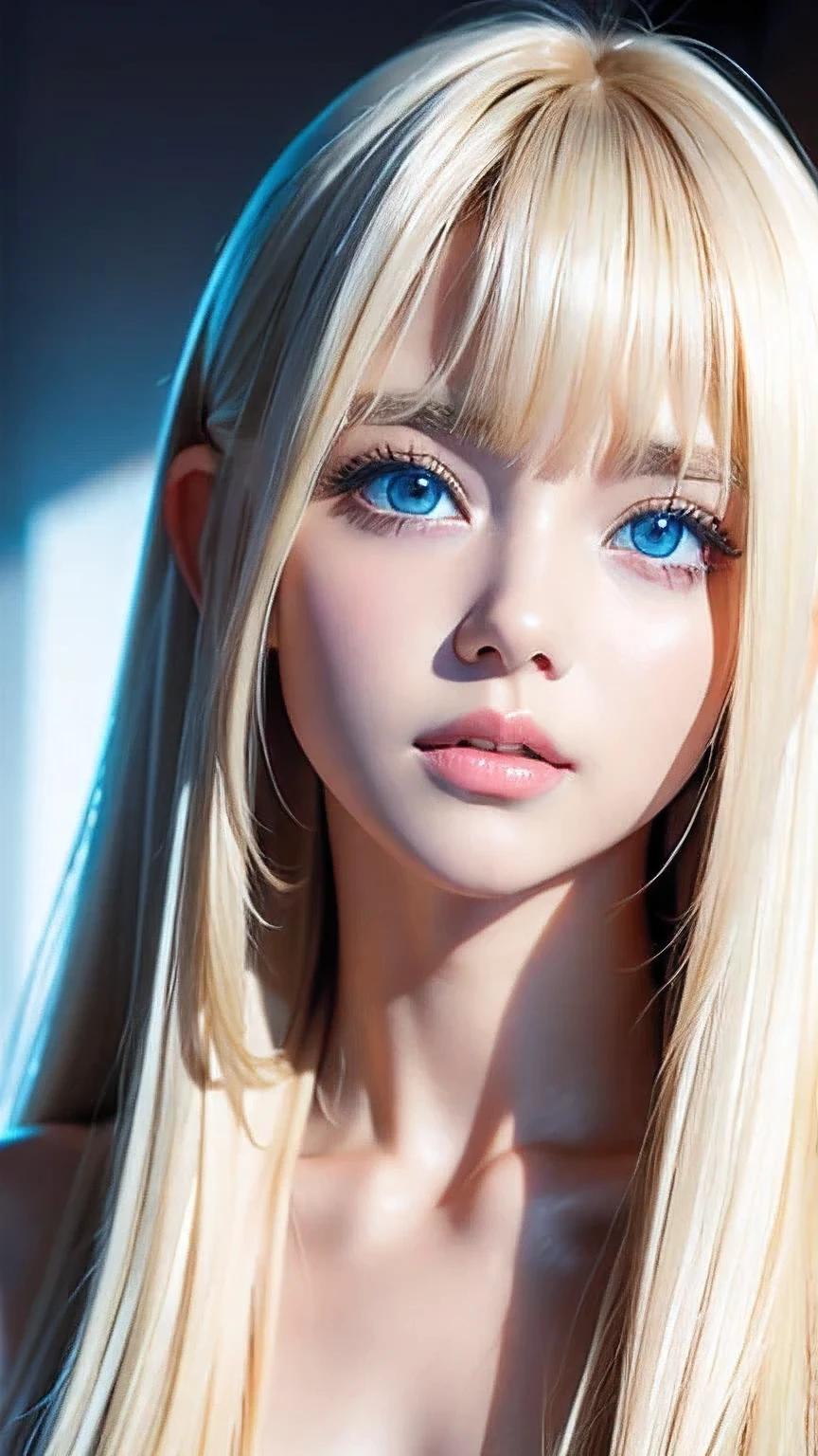 White shiny skin、Blonde hair color that changes with light、Long bangs obstruct the view、Glossy highlight on cheeks、The most beautiful face in the world、Super long gorgeous blonde hair、Smooth straight hair、Ample Bust、Big, bright, light blue eyes that shine beautifully、Beautiful bangs、Beautiful cute girl 15 years old、Round face、Small Face Beauty、Cheek highlighter