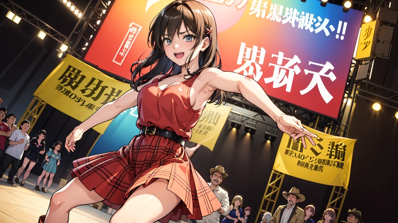 An anime-style illustration featuring a female character dancing to Bluegrass music. The character has long, flowing hair and is wearing a traditional bluegrass outfit with a plaid shirt, denim skirt, and cowboy boots. She is energetically dancing with a joyful expression. The background is a lively outdoor scene with a wooden stage, colorful banners, and a cheering crowd, capturing the energetic spirit of a bluegrass festival. The scene is vibrant and colorful, with detailed shading and gradients to add depth, and the character's eyes and facial expressions are emphasized to convey emotion.