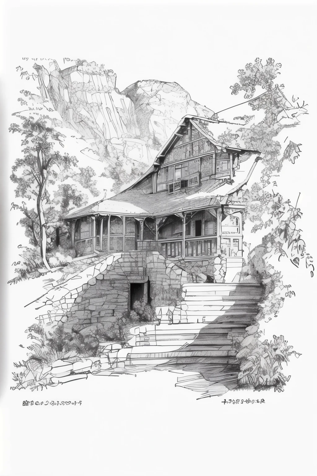 masterpiece,(best quality),detailed,sketch,landscape,houses,stairs,Trees,