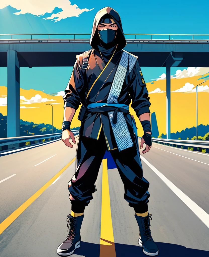 popart ,detailed,ninja boy standing on motorway, sunny day,