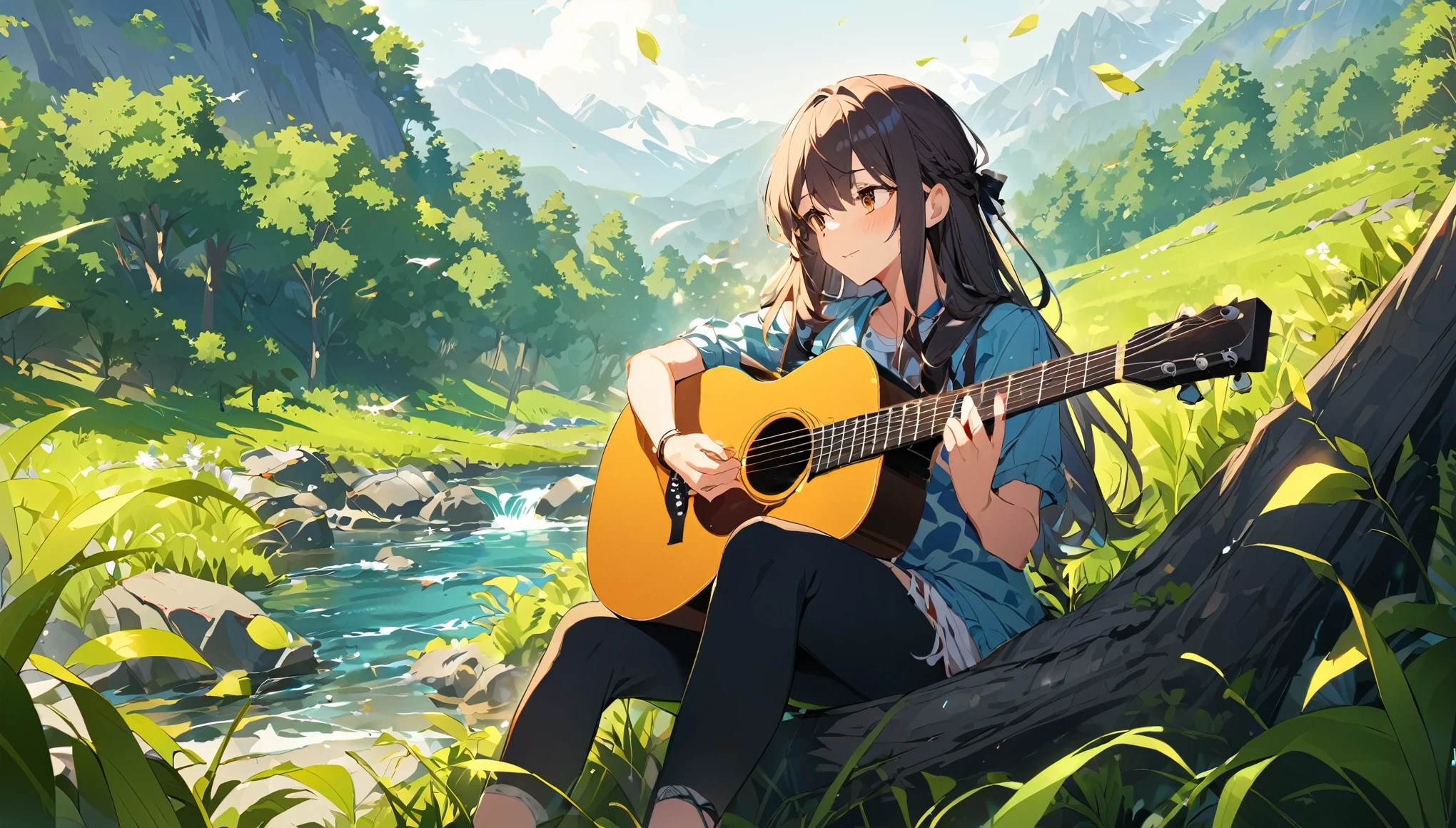 Girl playing acoustic guitar in nature