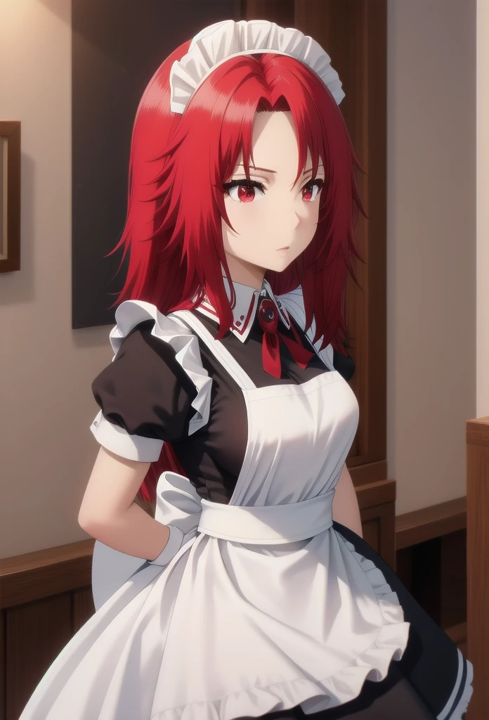 best quality, red hair,red eyes,masterpiece, highres, solo, (maid:1.40), (long maid dress:1.15),
