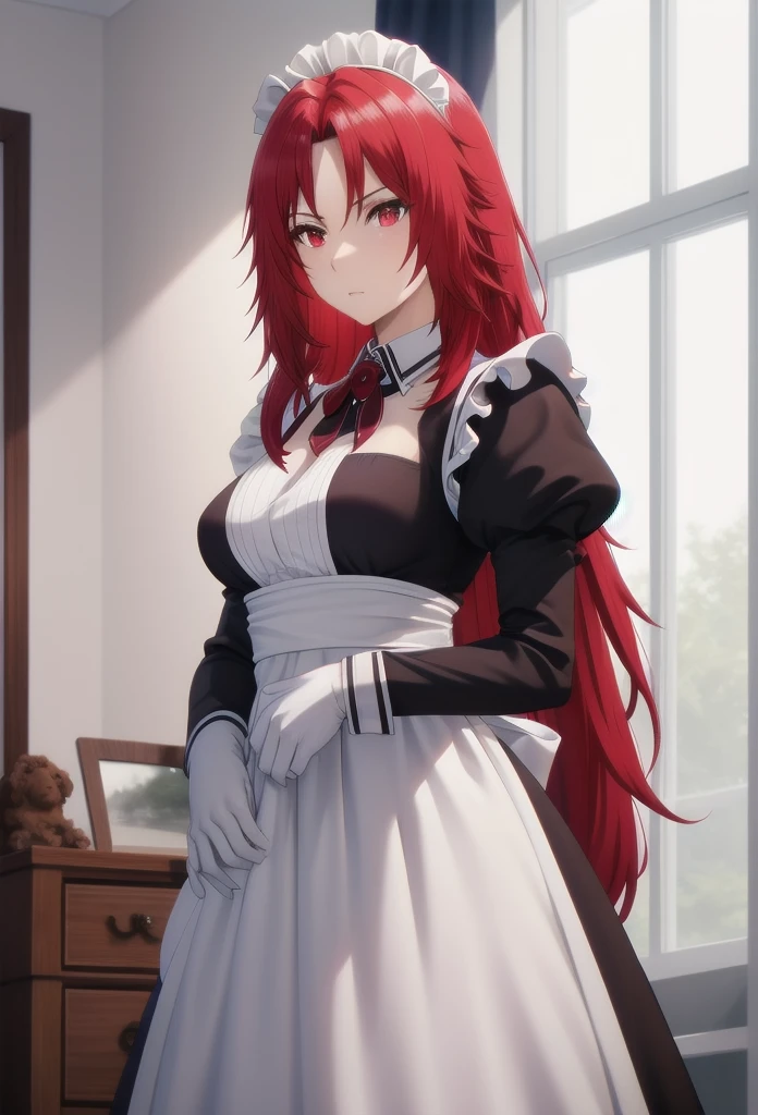 best quality, red hair,red eyes,masterpiece, highres, solo, (maid:1.40), (long maid dress:1.15),
