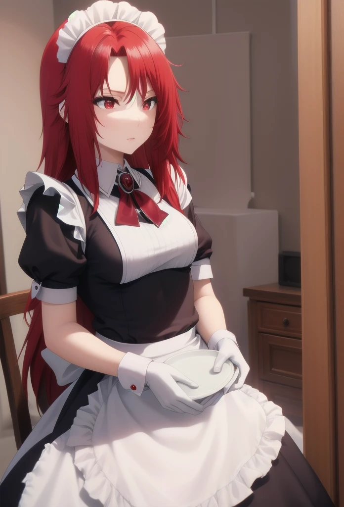 best quality, red hair,red eyes,masterpiece, highres, solo, (maid:1.40), (long maid dress:1.15),