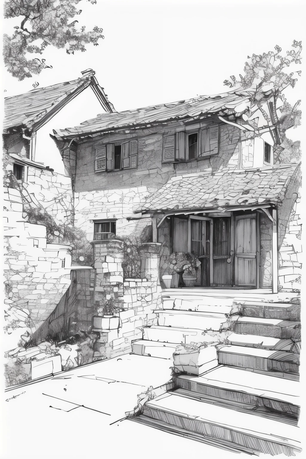 masterpiece,(best quality),detailed,sketch,landscape,houses,stairs,Trees,