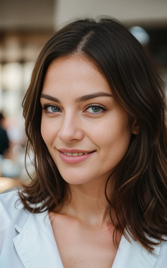 woman smiling drinking coffee, in a busy cafe in london drinking coffee very detailed, 40 years, innocent face, long hair, natural wavy, blue eyes, high resolution, masterpiece, best quality, intricate details, highly detailed, sharp focus, detailed skin, realistic skin texture, texture, detailed eyes, professional, 4k, charming smile, shot on Canon, 85mm, shallow depth of field, kodak vision color, perfect fit body, extremely detailed, foto_\(ultra\), photorealistic, realistic, post-processing, maximum detail, roughness, real life, ultra realistic, photorealism, photography, 8k uhd, photography, busty