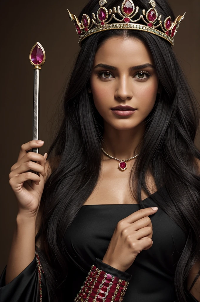 a caucasian woman, de cabello ?????, vestido de tres colores: anaranjado y negro. En el dedo anular izquierdo tiene un anillo, On his head he wears a crown of five spades, each with a ruby.. Que la imagen sea vertical y con fondo morado.