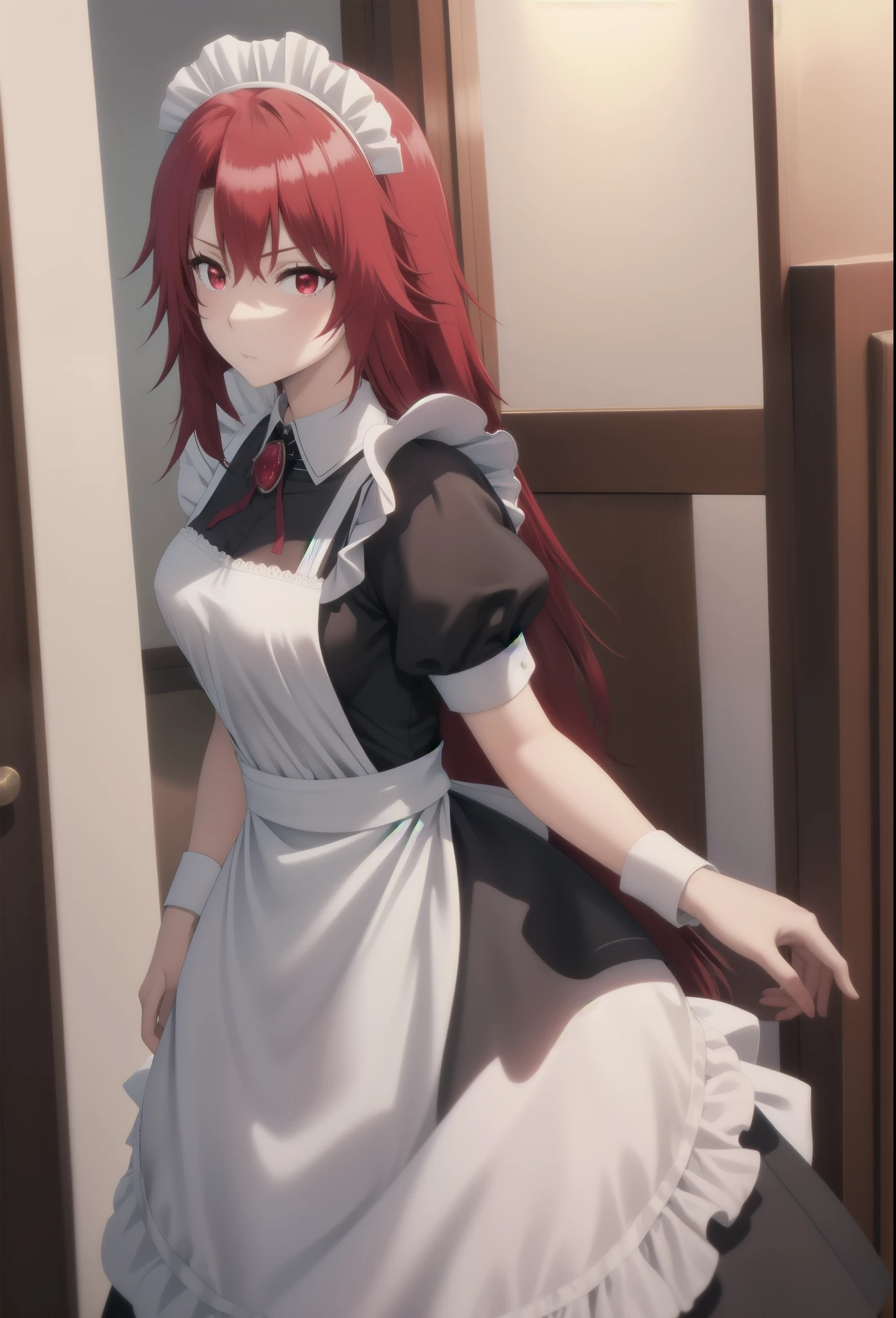 best quality, red hair,red eyes,masterpiece, highres, solo, (maid:1.40), (long maid dress:1.15), anime_style, 14
