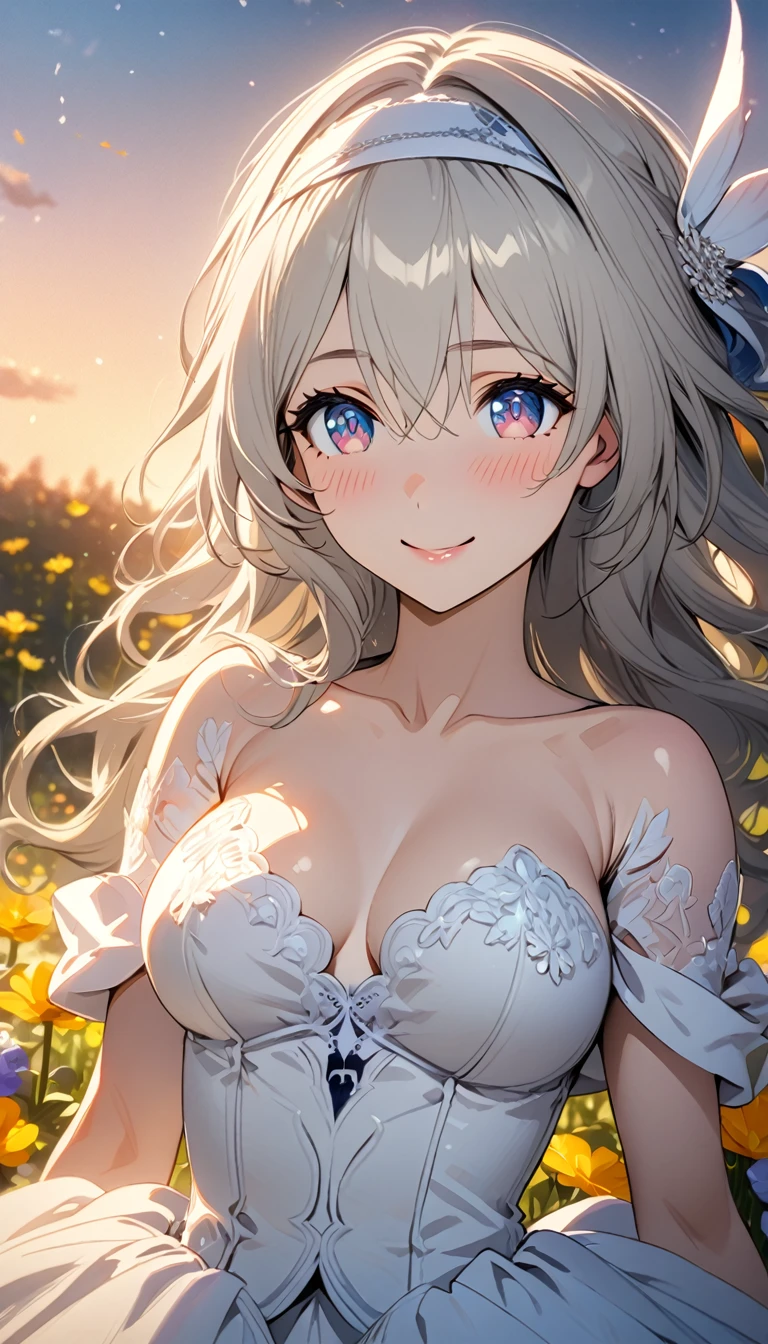 beautiful girl, long grey hair, beautiful face,smiling,close up to hips, beautiful , in the middle of flowers field, wearing beautiful wedding dress, (open mouth:0.4),illustration,detailed textures(realists),ultra-detailed,portrait style,vivid colors,soft lighting, blushing, mature fluttering, evening light , head band, keyhole cleavages ,