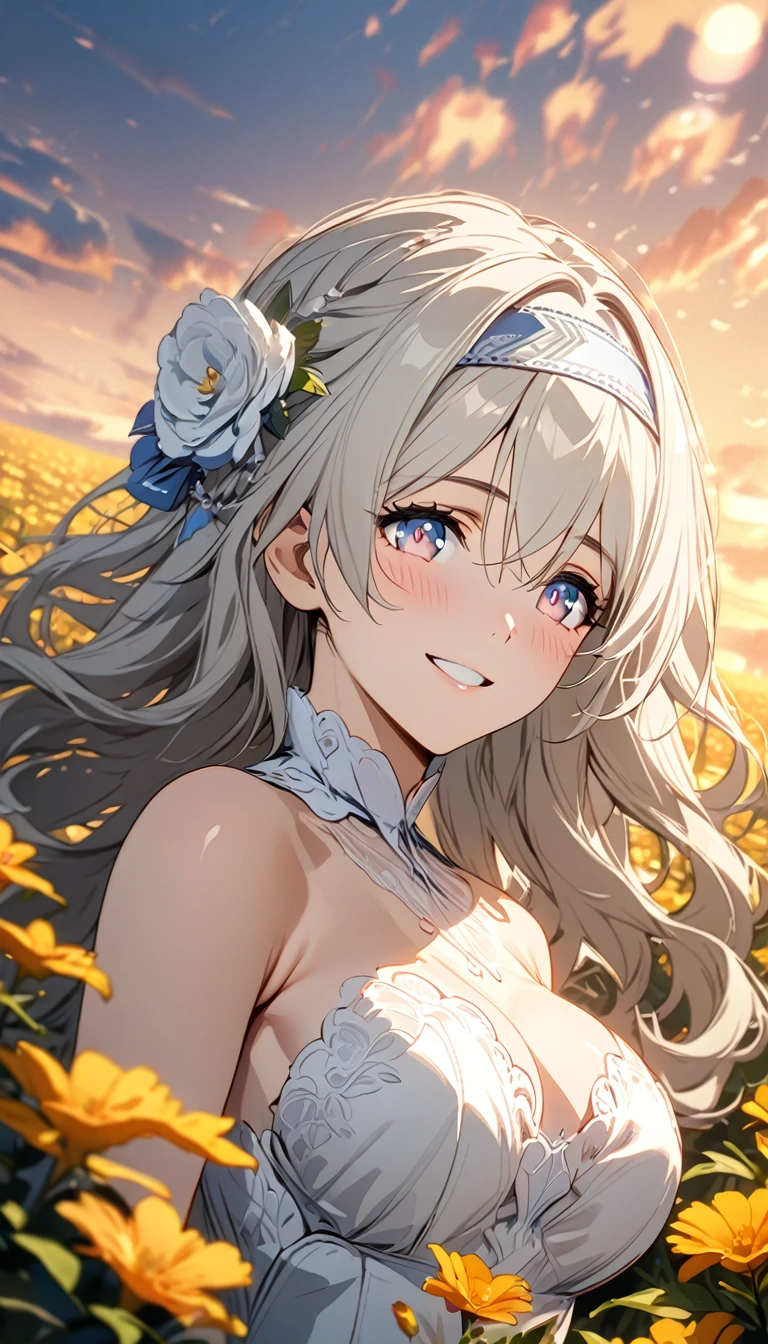 beautiful girl, long grey hair, beautiful face,smiling,close up to hips, beautiful breast, in the middle of flowers field, wearing beautiful wedding dress, (open mouth:0.4),illustration,detailed textures(realists),ultra-detailed,portrait style,vivid colors,soft lighting, blushing, mature, hair fluttering, evening light , head band, keyhole cleavages , no bras