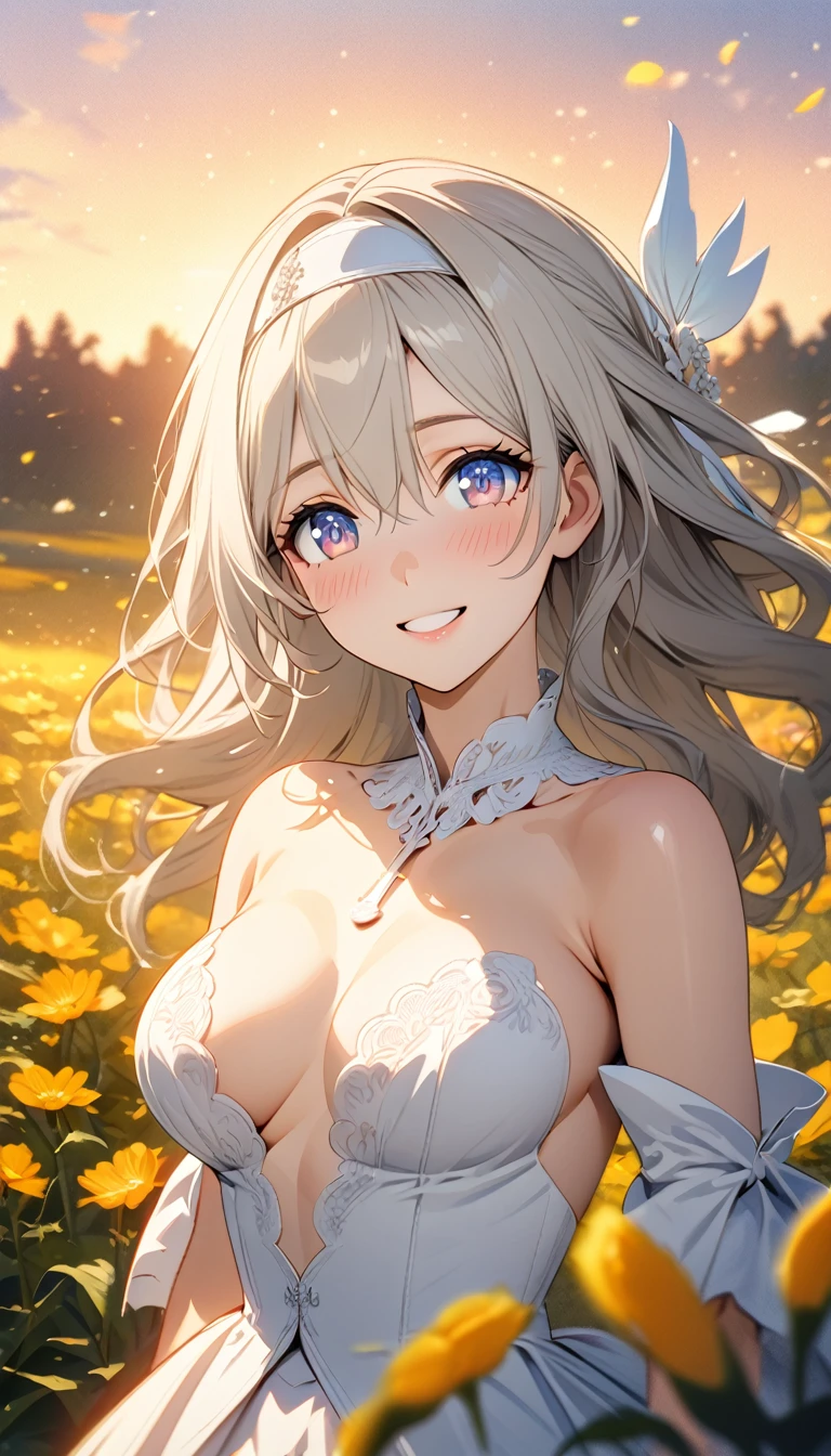beautiful girl, long grey hair, beautiful face,smiling,close up to hips, beautiful breast, in the middle of flowers field, wearing beautiful wedding dress, (open mouth:0.4),illustration,detailed textures(realists),ultra-detailed,portrait style,vivid colors,soft lighting, blushing, mature, hair fluttering, evening light , head band, keyhole cleavages , no bras