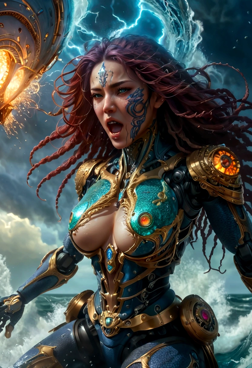 lady Kraken in stunning movement, wrath expression punching a vessel-boat as nebula explosion, scaled face-skin, face focus, cried out, metal-scaled body-skin, high tide, thunder-storm background, ultra shots photographic, hyper detailed, ultra-speed shot, dimmed light, UHD, 16k, epicrealism, masterpiece, perfect image, perfect color.