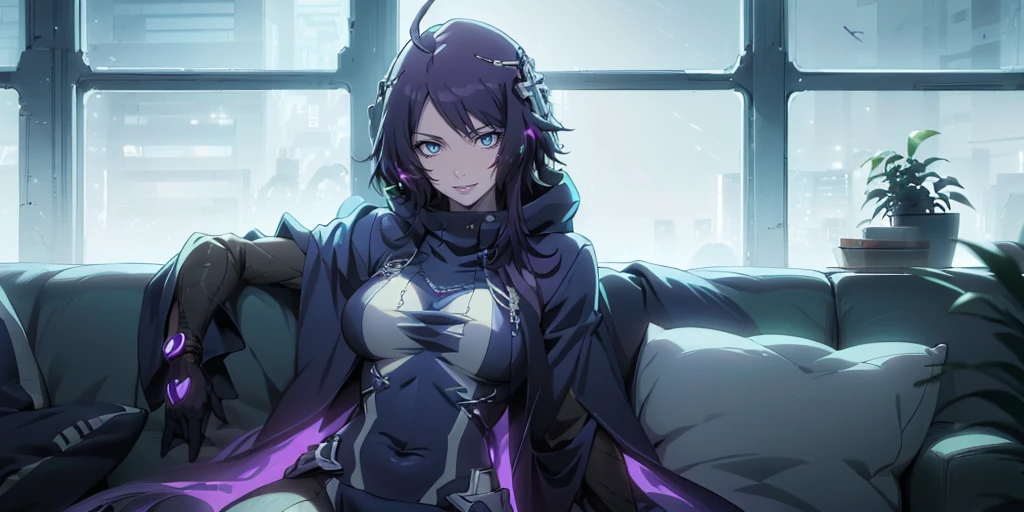 MC, ahoge, (long hari, purple hair:1.3), hair ornament, dark-blue eyes, anatomically correct, heavy breathing, huge breasts, breast press, solo, solo focus, masterpiece, best quality, 1girl, solo, grey hair, bodysuit, official bodysuit, cape, (hood:1.3), (detailed body, detailed face:1.5), (horizon:1.3), a woman in a black lingerie sitting on a couch in a room with a window and potted plants, transgressive art, cyberpunk art, Fan Qi, anime art, hollow eyes, bright pupils, dark-blue eyes, looking at viewer. glowing eyes heavy breathing, seductive smile, lips, 