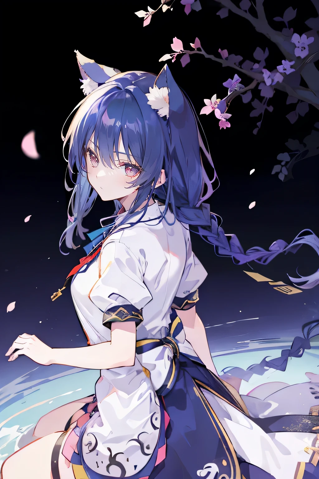 (masterpiece:1.2),Super detailed,lifelike,Expressive eyes,fair skin,perfect face shape,1 girl,
Japanese comics,Gorgeous blue hair,flowing blue hair,flowing clothes,Cat ears,Petals fall,beautiful lola,Baby Angel,
Shaking head with one hand,Cross your legs,Gentle and peaceful background,The pavilion is cool and comfortable,smile, wearing hoodie, background of tokyo,back views,snowing, winter,lie on the water.(Best Quality: 1.3), (Masterpiece: 1.3), (Illustration: 1.3), (Ultra Detailed: 1.3), (Imide Lens: 0.9), 1girl, Medium Breasts, Purple Eyes, ((Dark Blue Hair) ), hair accessories, young, clothing-gladiia, long hair, dark blue hair, indoors, black shorts, high socks, low ponytail, expressionless, upper body, close-up, coat, skirt,fgo style,like \(destiny\), like Adult, hair length, underwear, masterpiece, Top quality, 1 Girl, looking at the audience,(((braid)))、shameful face、Embarrassed face、Long body、huge 、
