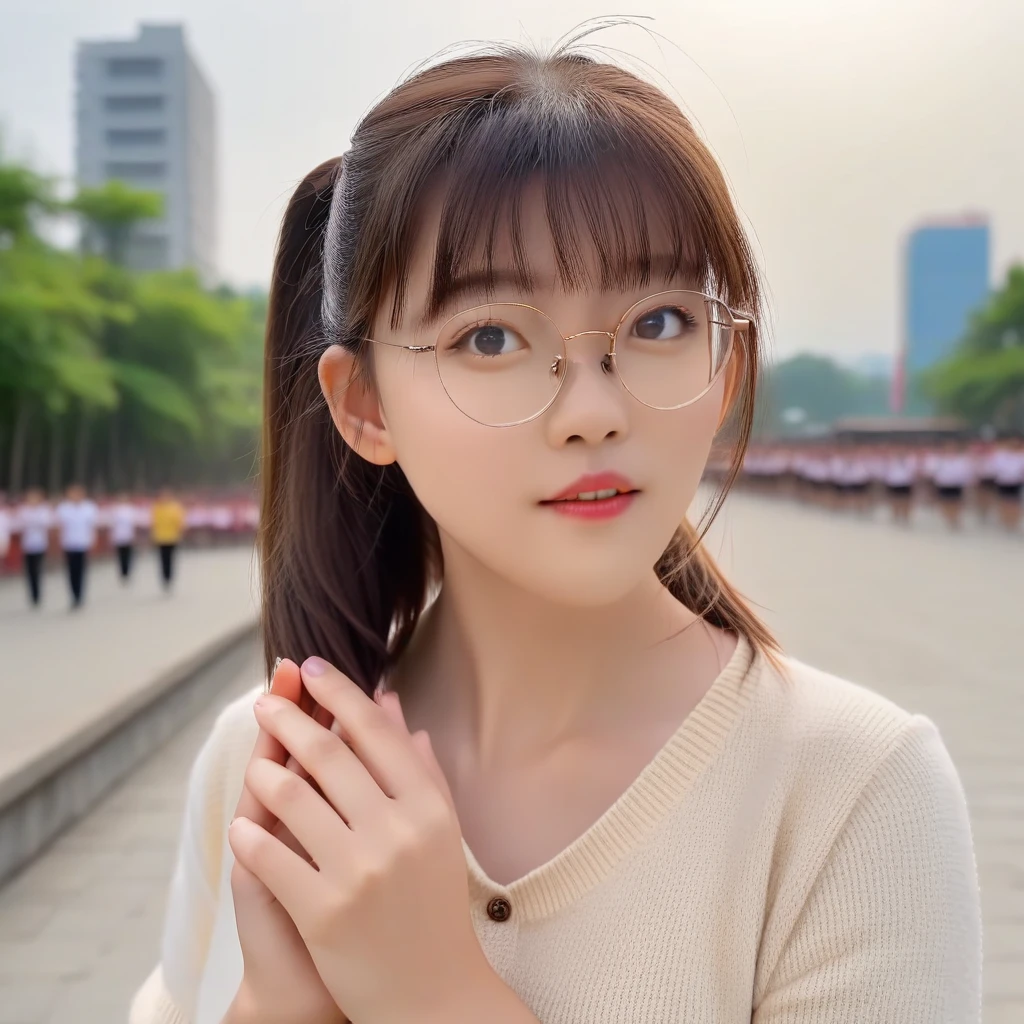 (best quality:1.4), (Ultra-high resolution:1.2), (photoPractical:1.4), (8K, RAW photos:1.2),(Portrait shoot:1.3), Pinocytol, 1 Girl, Solitary, looking at the audience, Bangs, brown hair, Upper Body, outdoor, Blurred background, Practical, Glasses, Round glasses, Ponytail, Practical, long hair, Perfect hands,   