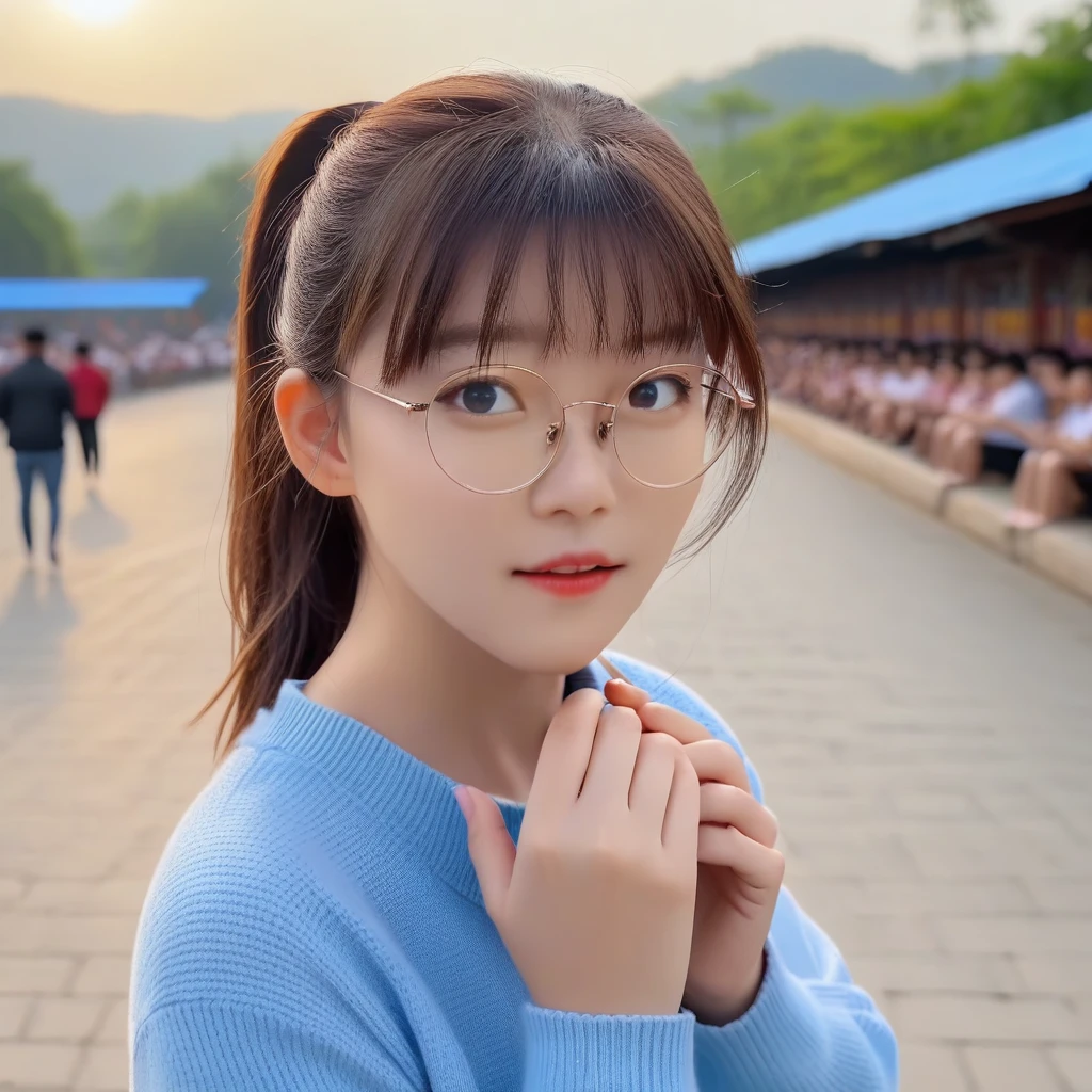 (best quality:1.4), (Ultra-high resolution:1.2), (photoPractical:1.4), (8K, RAW photos:1.2),(Portrait shoot:1.3), Pinocytol, 1 Girl, Solitary, looking at the audience, Bangs, brown hair, Upper Body, outdoor, Blurred background, Practical, Glasses, Round glasses, Ponytail, Practical, long hair, Perfect hands,   