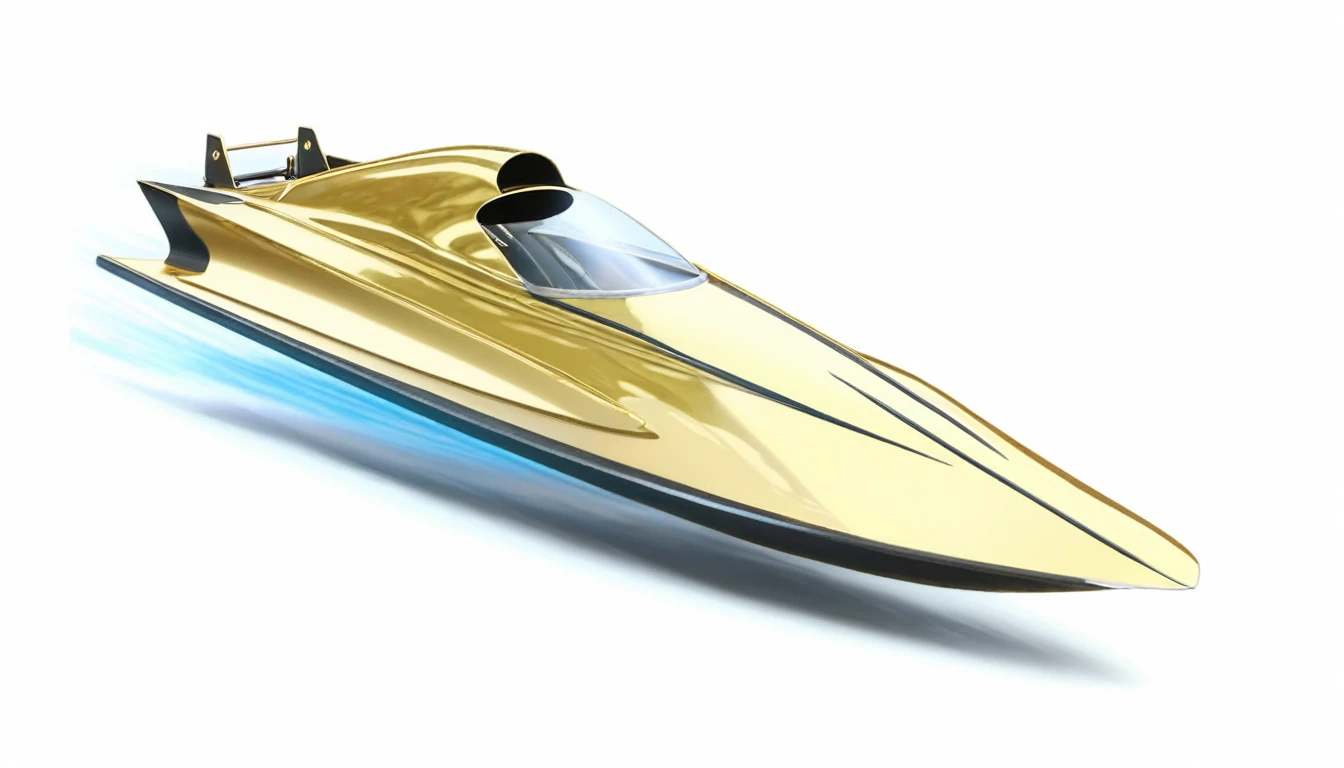 A gold single-seater motorboat for racing。This is for your YouTube channel icon or thumbnail。Racing boat。Boat racing。4K.Super Real。Left facing。
