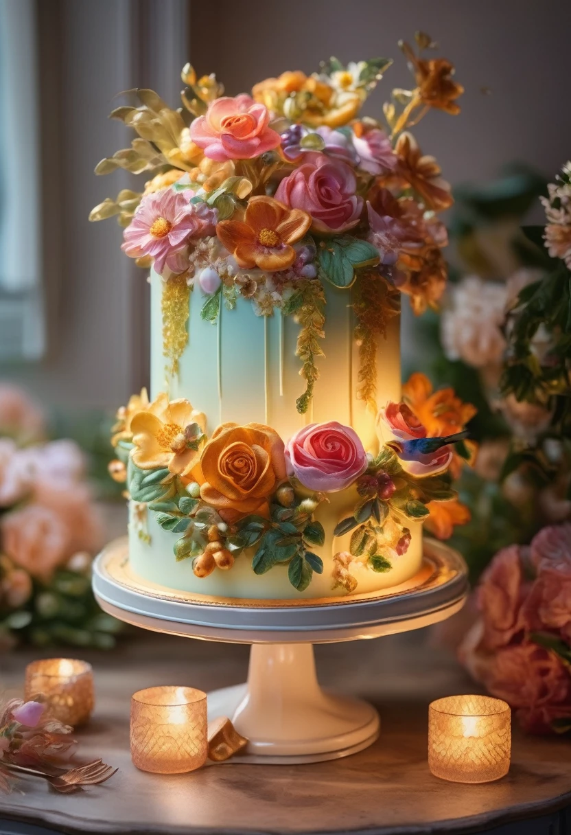 Blooming Flowers々In a garden full of, A beautiful birthday cake sits on a luxurious dressing table. Sunlight shines through the gaps in the leaves, Casting gentle beams of light that dance across the cake, Iridescent. The cream flowers on the cake come to life, Soft and incredibly lifelike, The interplay of warm and cool lighting enhances vibrant hues. In the distance, The birds sing joyfully, Fill the scene with an aura of happiness and warmth.
(highest quality,4K,8k,High resolution,masterpiece:1.2),Super detailed,(Realistic,photoRealistic,photo-Realistic:1.37),Expressive lighting, Vibrant colors, Artistry, Gorgeous flowers, Carefully crafted cakes, Beautiful garden scenery, Whimsical atmosphere