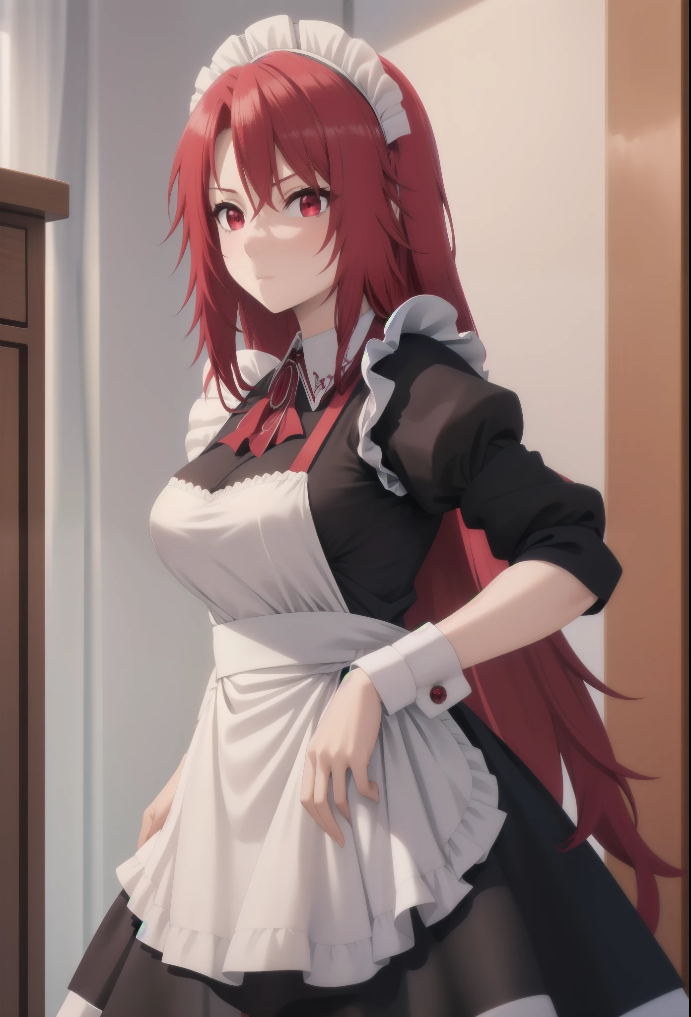 best quality, red hair,red eyes,masterpiece, highres, solo, (maid:1.40), (long maid dress:1.15), anime_style, 14
