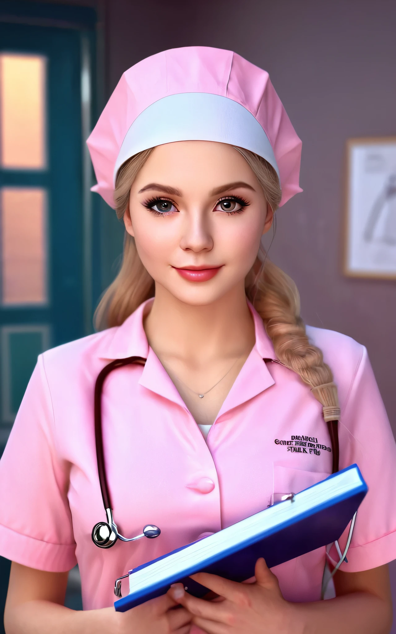 Full body portrait, pink_young and very beautiful nurse in sexy tight nurse uniform, highly detailed facial features, long eyelashes, thick lips, beautiful eyes, perfect skin, nurse cap, holding medical clipboard, seductive expression, photorealistic, 8k, ultra detailed, cinematic lighting, dramatic shadows, warm tones