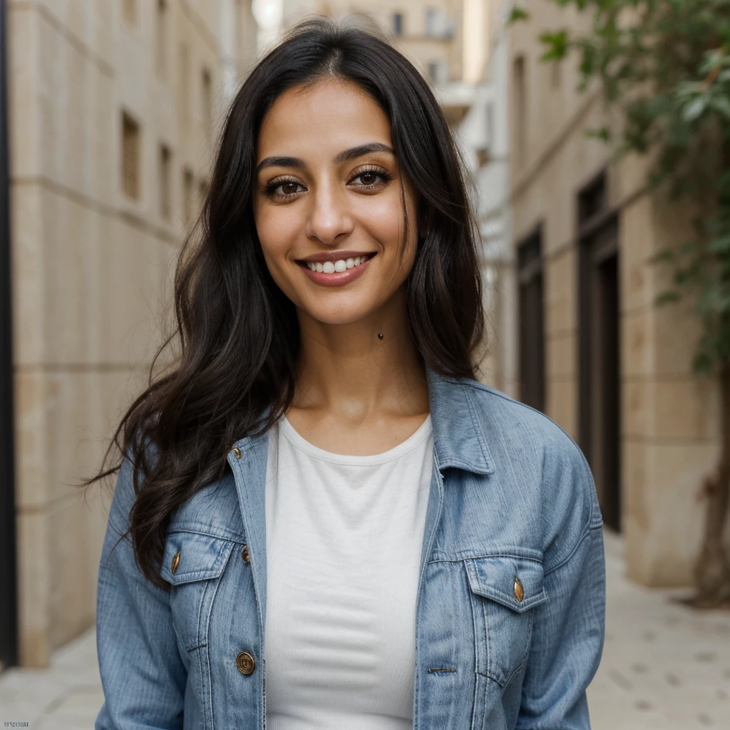 one cute women, 32YO, Arab, cute face, realistic light brown eyes, blue jacket, black hair, cute smile, skinny face, white realistic teethes, big eyes, long hair, no hands