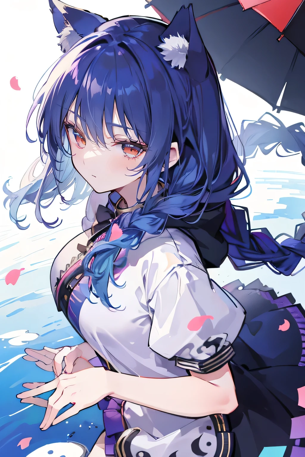(masterpiece:1.2),Super detailed,lifelike,Expressive eyes,fair skin,perfect face shape,1 girl,
Japanese comics,Gorgeous blue hair,flowing blue hair,flowing clothes,Cat ears,Petals fall,beautiful lola,Baby Angel,
Shaking head with one hand,Cross your legs,Gentle and peaceful background,The pavilion is cool and comfortable,smile, wearing hoodie, background of tokyo,back views,snowing, winter,lie on the water.(Best Quality: 1.3), (Masterpiece: 1.3), (Illustration: 1.3), (Ultra Detailed: 1.3), (Imide Lens: 0.9), 1girl, Medium Breasts, Purple Eyes, ((Dark Blue Hair) ), hair accessories, young, clothing-gladiia, long hair, dark blue hair, indoors, black shorts, high socks, low ponytail, expressionless, upper body, close-up, coat, skirt,fgo style,like \(destiny\), like Adult, hair length, underwear, masterpiece, Top quality, 1 Girl, looking at the audience,(((braid)))、shameful face、Embarrassed face、Long body、huge 、