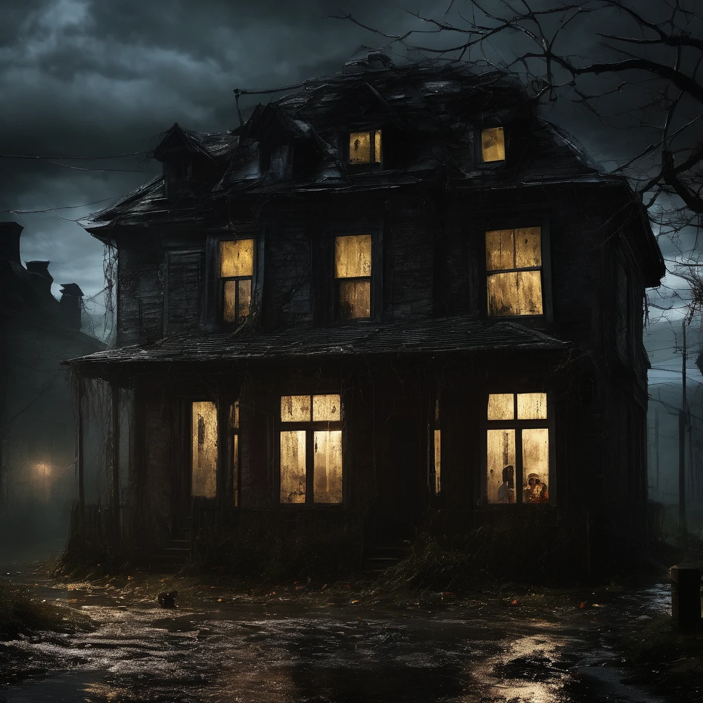 (masterpiece, Best quality:1.2), horror scene, Dark Street, One-storey house, Children with BLACK eyes in the window,