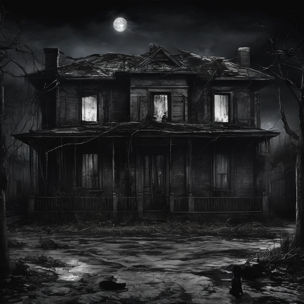 (masterpiece, Best quality:1.2), horror scene, Dark Street, One-storey house, Children with BLACK eyes in the window,