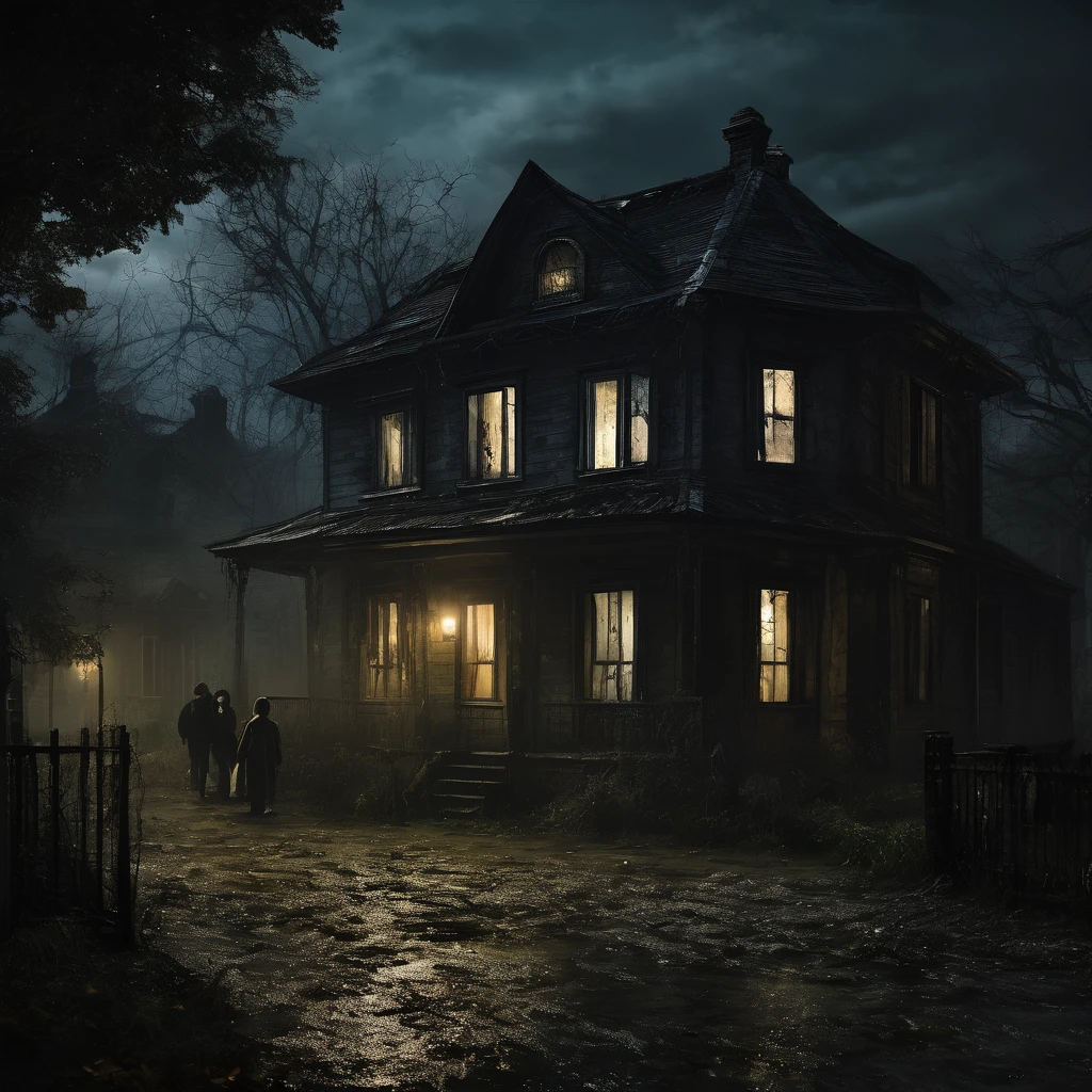 (masterpiece, Best quality:1.2), horror scene, Dark Street, One-storey house, Children with BLACK eyes in the window,