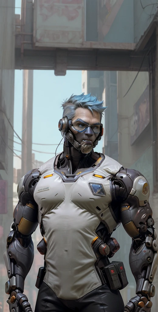 Sodier76,Mecha,overwatch2,Half-length close up,cyberpunk,science fiction background,comic style,in cyberpunk city,mechanical body,prosthetic transformation,portrait of detailed soldier with his mechanical bodysuit heavy exosuit,solo,futurism,masculinity,male_focus,upper_body