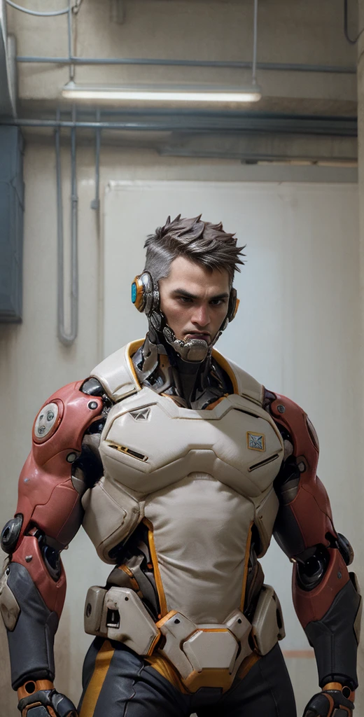 Sodier76,Mecha,overwatch2,Half-length close up,cyberpunk,science fiction background,comic style,in cyberpunk city,mechanical body,prosthetic transformation,portrait of detailed soldier with his mechanical bodysuit heavy exosuit,solo,futurism,masculinity,male_focus,upper_body