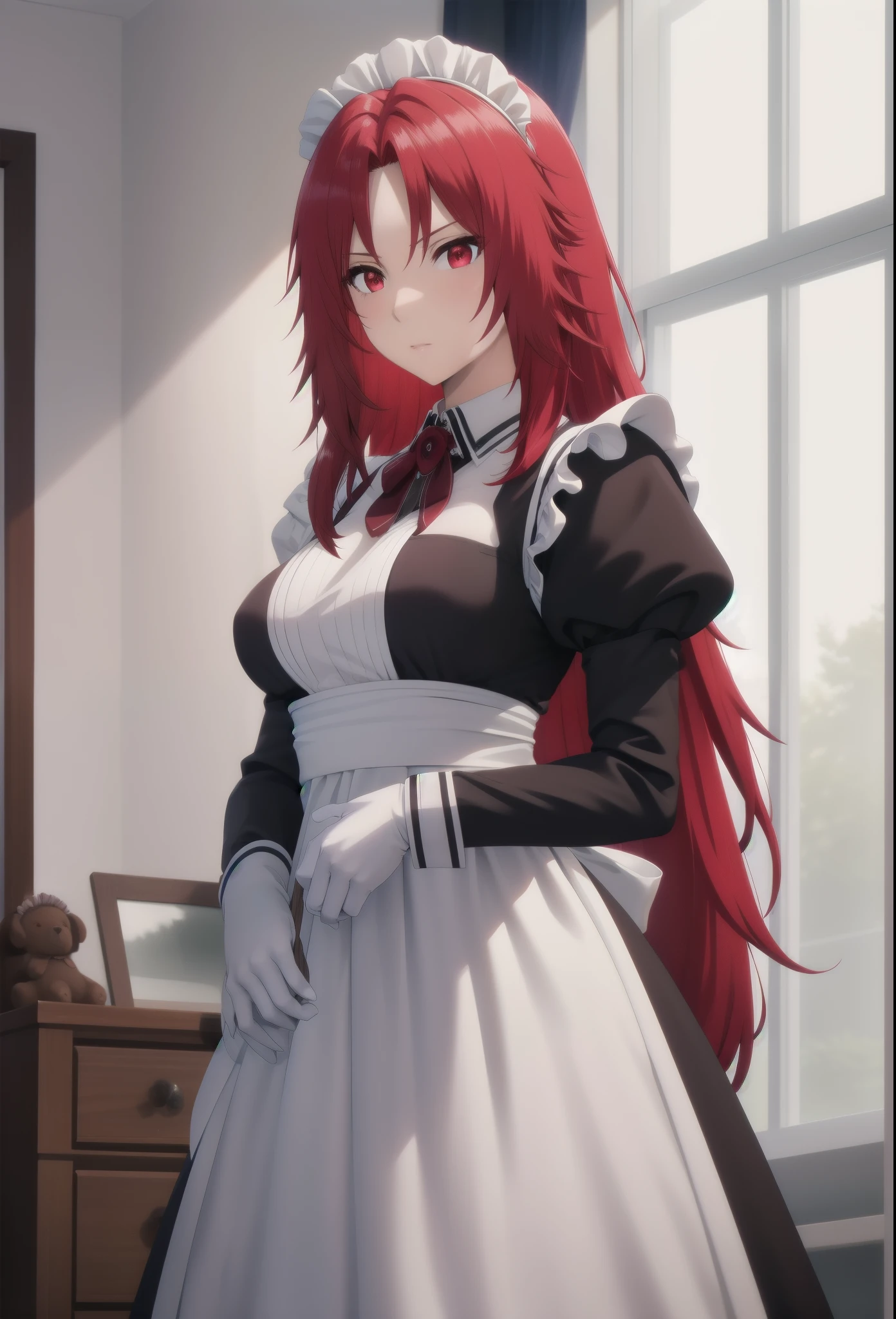 best quality, red hair,red eyes,masterpiece, highres, solo, (maid:1.40), (long maid dress:1.15),