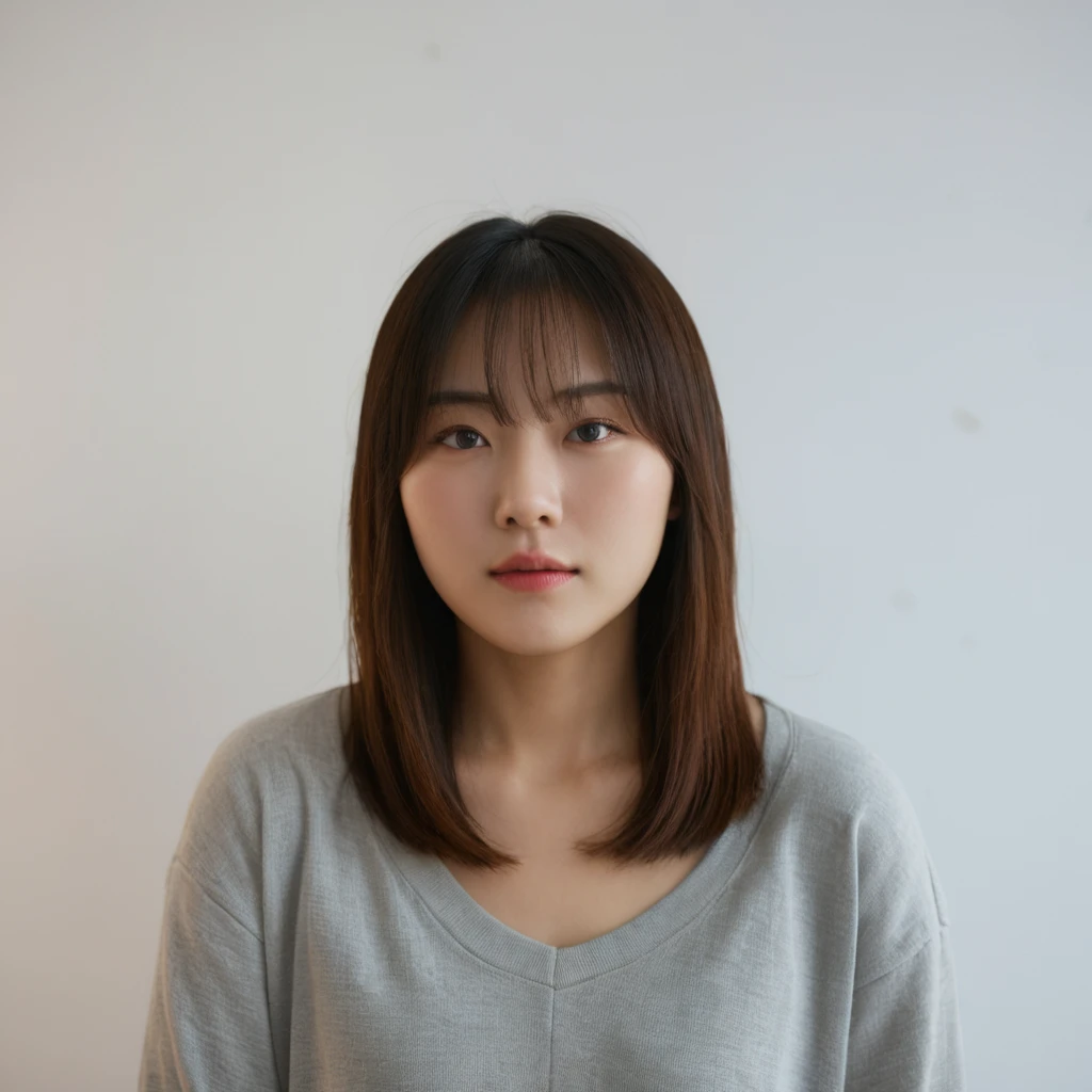 Best Quality, 8k, Masterpiece, (Portrait: 1.3), (photo realistic:1.4), (hyper realistic:1.4), Sharp Focus, looking at viewer, (smoother lighting:1.1), (increase cinematic lighting quality:0.9), realistic lighting, backlighting, light on face, ray trace, (brightening light:1.2), (Increase quality:1.4), sharp detail, (best quality real texture skin:1.4), finely detailed eyes, black_eyes, finely detailed face, 25 year old Korean woman, (white shirt:1.4), (Create an image maintaining the original base model hairstyle:1.5)
