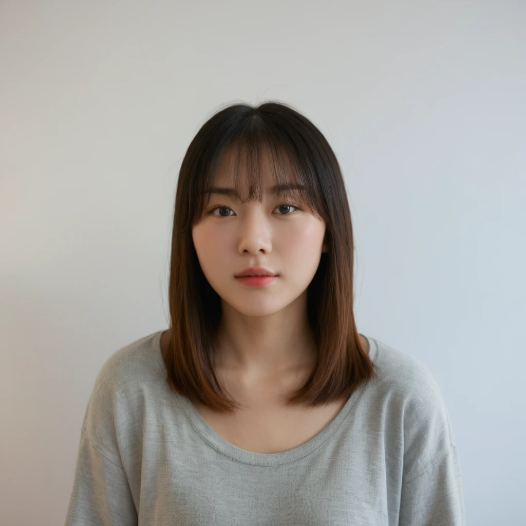 Best Quality, 8k, Masterpiece, (Portrait: 1.3), (photo realistic:1.4), (hyper realistic:1.4), Sharp Focus, looking at viewer, (smoother lighting:1.1), (increase cinematic lighting quality:0.9), realistic lighting, backlighting, light on face, ray trace, (brightening light:1.2), (Increase quality:1.4), sharp detail, (best quality real texture skin:1.4), finely detailed eyes, black_eyes, finely detailed face, 25 year old Korean woman, (white shirt:1.4), (Create an image maintaining the original base model hairstyle:1.5)