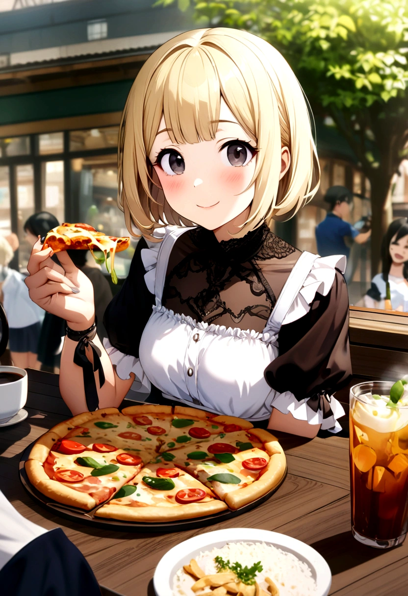 20 year old blonde woman, Bob cut hair with soft, curly ends, Having lunch at an open-air cafe,smile,sunny day,Eating veggie pizza,,Short sleeve,White and blue,,,Long skirt or pants style,,, The focus is on the person,The background is blurred,Girl with black eyes, Woman with big dark eyes, CG art depicting cute gestures, With ultra-detailed CG art, highest quality, High resolution, Intricate details, One beautiful woman,There is a little lace or frill decoration on the sleeves.,
