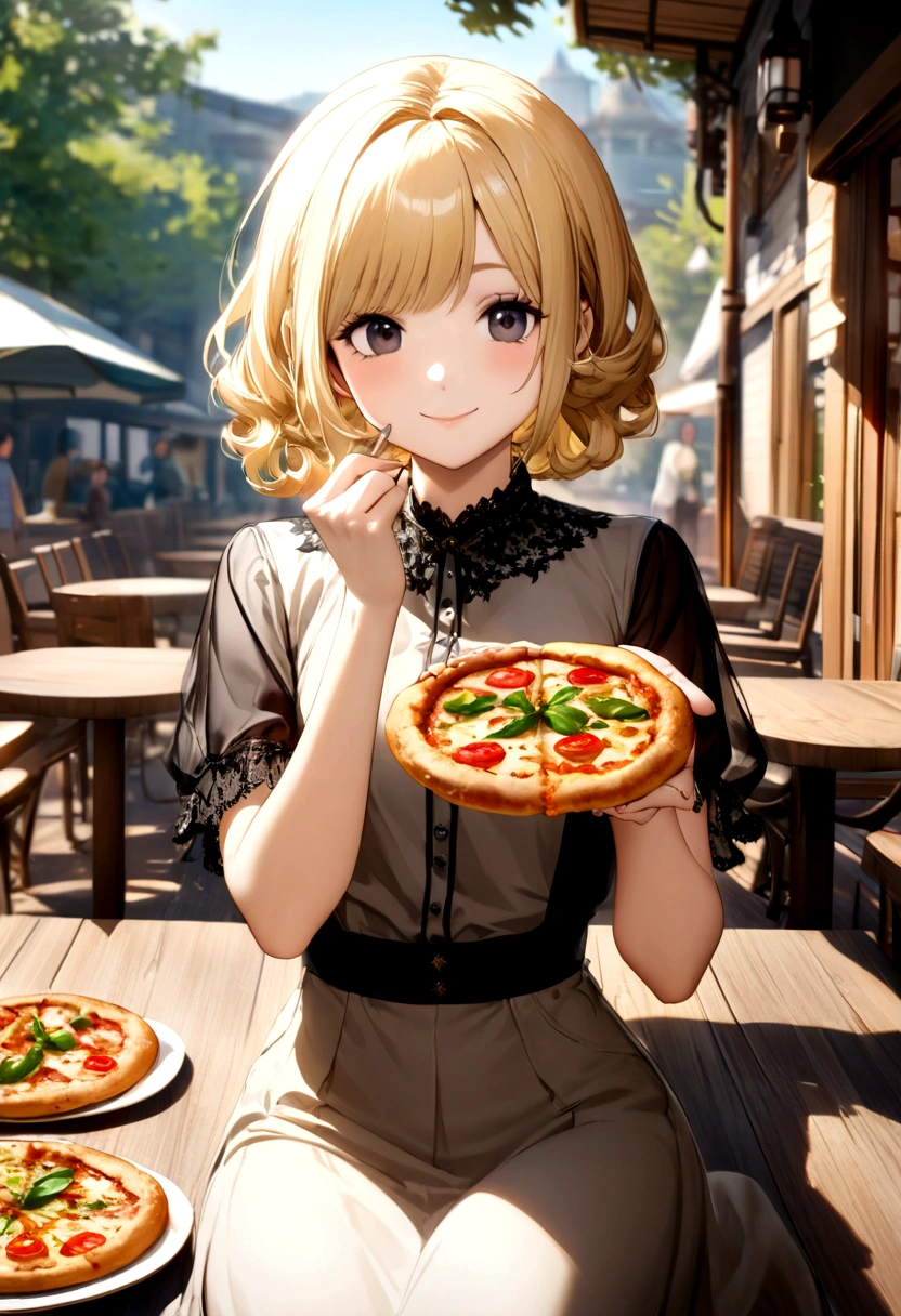 20 year old blonde woman, Bob cut hair with soft, curly ends, Having lunch at an open-air cafe,smile,sunny day,Eating veggie pizza,,Short sleeve,White and blue,,,Long skirt or pants style,,, The focus is on the person,The background is blurred,Girl with black eyes, Woman with big dark eyes, CG art depicting cute gestures, With ultra-detailed CG art, highest quality, High resolution, Intricate details, One beautiful woman,There is a little lace or frill decoration on the sleeves.,