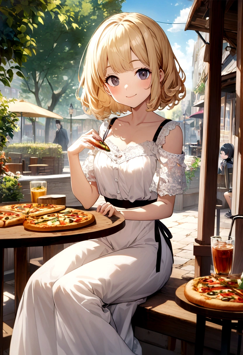 20 year old blonde woman, Bob cut hair with soft, curly ends, Having lunch at an open-air cafe,smile,sunny day,Eating veggie pizza,,Short sleeve,White and blue,,,Long skirt or pants style,,, The focus is on the person,The background is blurred,Girl with black eyes, Woman with big dark eyes, CG art depicting cute gestures, With ultra-detailed CG art, highest quality, High resolution, Intricate details, One beautiful woman,There is a little lace or frill decoration on the sleeves.,