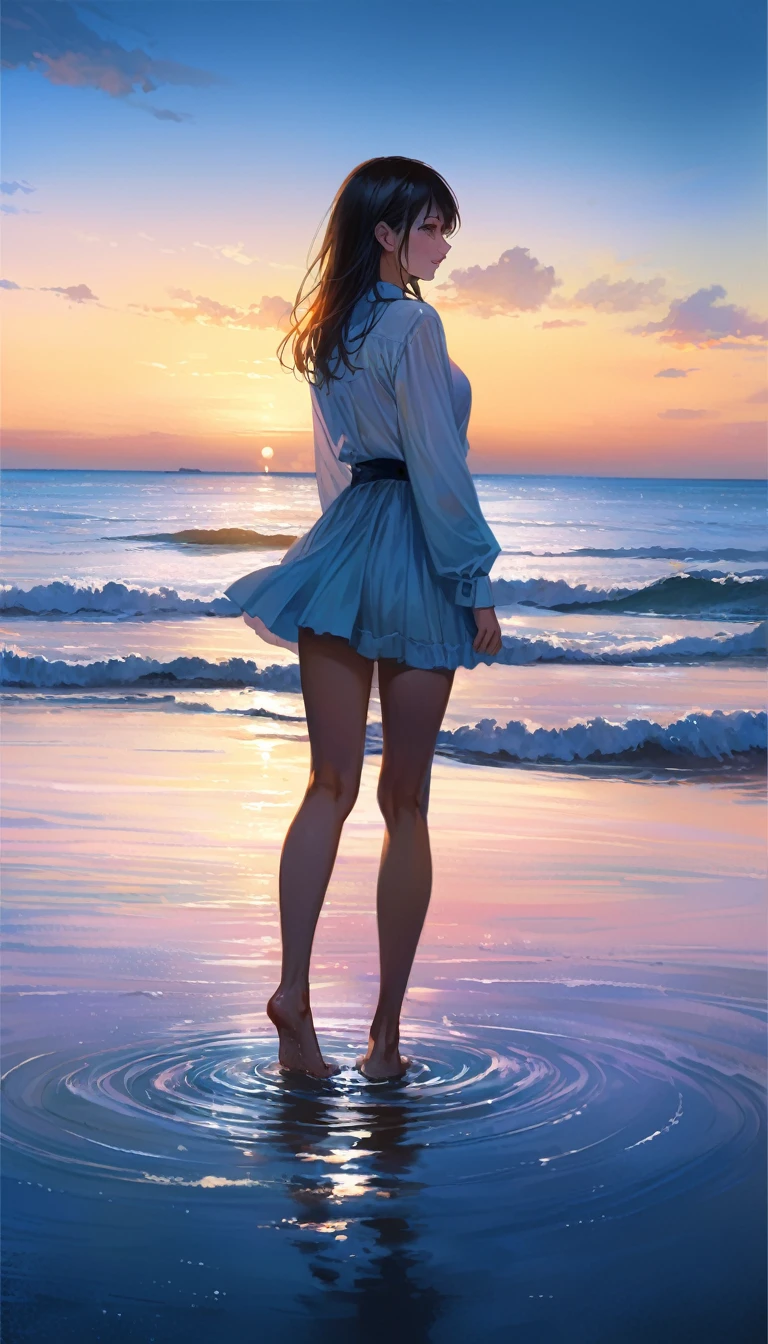 (cloSe:1.4)、(RAW PhotoS:1.2)、(RealiStic:1.4)、(maSterpiece:1.3)、(higheSt quality:1.4)、JapaneSe GirlS、(Night view:1.2)、Light clothing、pretty girl、put one foot in the Sea、Standing on tiptoeS、landScape、Between the horizon and the Sea、Side view、RippleS Spreading from the toeS、Standing about 20 meterS away、On the Sea、The whole Scene iS Shiny O'S、illumination、