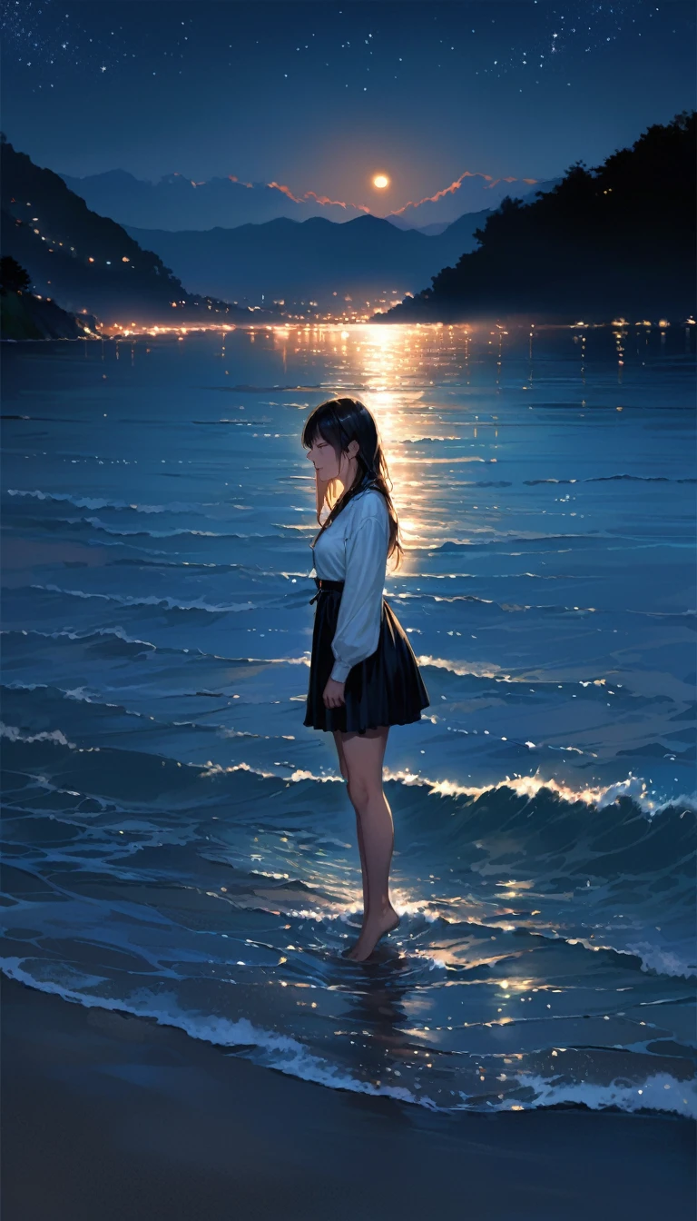 (cloSe:1.4)、(RAW PhotoS:1.2)、(RealiStic:1.4)、(maSterpiece:1.3)、(higheSt quality:1.4)、JapaneSe GirlS、(Night view:1.2)、Light clothing、pretty girl、put one foot in the Sea、Standing on tiptoeS、landScape、Between the horizon and the Sea、Side view、RippleS Spreading from the toeS、Standing about 20 meterS away、On the Sea、The whole Scene iS Shiny O'S、illumination、
