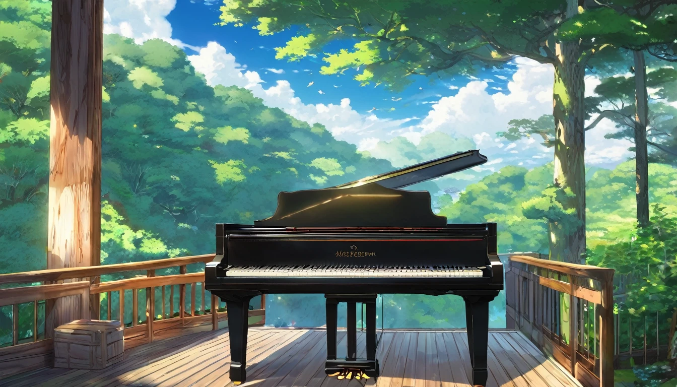 青い紅葉のwoodの下置かれた黒いグランドピアノ、wood々の間からwood漏れ日がキラキラしている、Makoto Shinkai-style anime touch、Deep green forest、1 grand piano