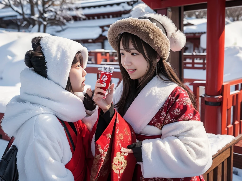 snow。furのコートを着た美しい日本の女性たちの写真。Traditional Japanese New Year Celebrations。着物の上にfurのコートを羽織った。Fisheye Lens、fur。Multiple women。