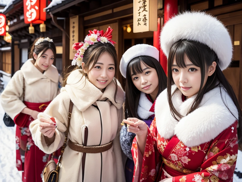 snow。furのコートを着た美しい日本の女性たちの写真。Traditional Japanese New Year Celebrations。着物の上にfurのコートを羽織った。Fisheye Lens、fur。Multiple women。