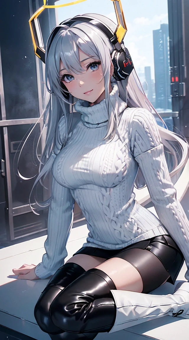 smile、((8k)), ((32k)), ((highest quality)), ((masterpiece)), ((超A high resolution)), ((Tmasterpiece)), ((halo:1.4))、((White mechanical headgear:1.3))、((White mecha cyber headphones:1.3))、Fine skin, High quality fabric, ((Beautiful and dense face))、RAW Photos、Professional, Ultra-fine painting, ((alone)), Beautiful breasts、highest quality, Very detailed, Very detailed詳細, Finer details, so beautiful, Full body description、on a futuristic street、White thigh-high boots、(Woman wearing a black leather miniskirt:1.8)、(Wearing a white knitted turtleneck sweater:1.8)、 take a walk、Beautiful legachine Eyes:1.3)、drooping eyes: 1.3,, (In 8K) , masterpiece, (No retouching, Lip gloss, False eyelashes, Real Skin, highest quality, 超A high resolution, Depth of written boundary, chromatic aberration, Caustics, Wide Lighting, Natural Shading))、Korean Idol、Asian woman smiling at camera,、A young and cute gravure idol, Young and skinny gravure idol, Realistic Young Gravure Idol, Young Gravure Idol, Japanese Model, Shot with Canon EOA 6D Mark II, Shot with Canon EOS 5D Mark IV, Young Gravure Idol、(White thigh-high boots:1.5)、(Long silver hair:1.1), cowboy_shot, Side Focus, Shiny、Concept Art, Anime fantasy artwork, (((Long silver hair))), 8K high quality, detailed art, In 8Kのキャラクターアートの3Dレンダリング, neat legs, Defined, Defined fingers,