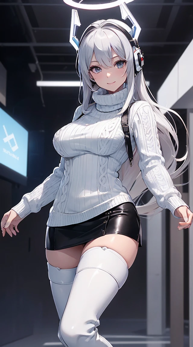 smile、((8k)), ((32k)), ((highest quality)), ((masterpiece)), ((超A high resolution)), ((Tmasterpiece)), ((halo:1.4))、((White mechanical headgear:1.3))、((White mecha cyber headphones:1.3))、Fine skin, High quality fabric, ((Beautiful and dense face))、RAW Photos、Professional, Ultra-fine painting, ((alone)), Beautiful breasts、highest quality, Very detailed, Very detailed詳細, Finer details, so beautiful, Full body description、on a futuristic street、White thigh-high boots、(Woman wearing a black leather miniskirt:1.8)、(Wearing a white knitted turtleneck sweater:1.8)、 take a walk、Beautiful legachine Eyes:1.3)、drooping eyes: 1.3,, (In 8K) , masterpiece, (No retouching, Lip gloss, False eyelashes, Real Skin, highest quality, 超A high resolution, Depth of written boundary, chromatic aberration, Caustics, Wide Lighting, Natural Shading))、Korean Idol、Asian woman smiling at camera,、A young and cute gravure idol, Young and skinny gravure idol, Realistic Young Gravure Idol, Young Gravure Idol, Japanese Model, Shot with Canon EOA 6D Mark II, Shot with Canon EOS 5D Mark IV, Young Gravure Idol、(White thigh-high boots:1.5)、(Long silver hair:1.1), cowboy_shot, Side Focus, Shiny、Concept Art, Anime fantasy artwork, (((Long silver hair))), 8K high quality, detailed art, In 8Kのキャラクターアートの3Dレンダリング, neat legs, Defined, Defined fingers,