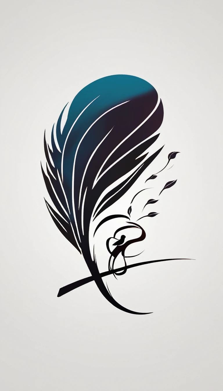 Create a cinematic, abstract symbol for a film production company based on stories and music. The logo should represent the companionship between a boy musician, A Storyteller Fantasy Bird and a Dreamy Feather. Minimalist symbol design