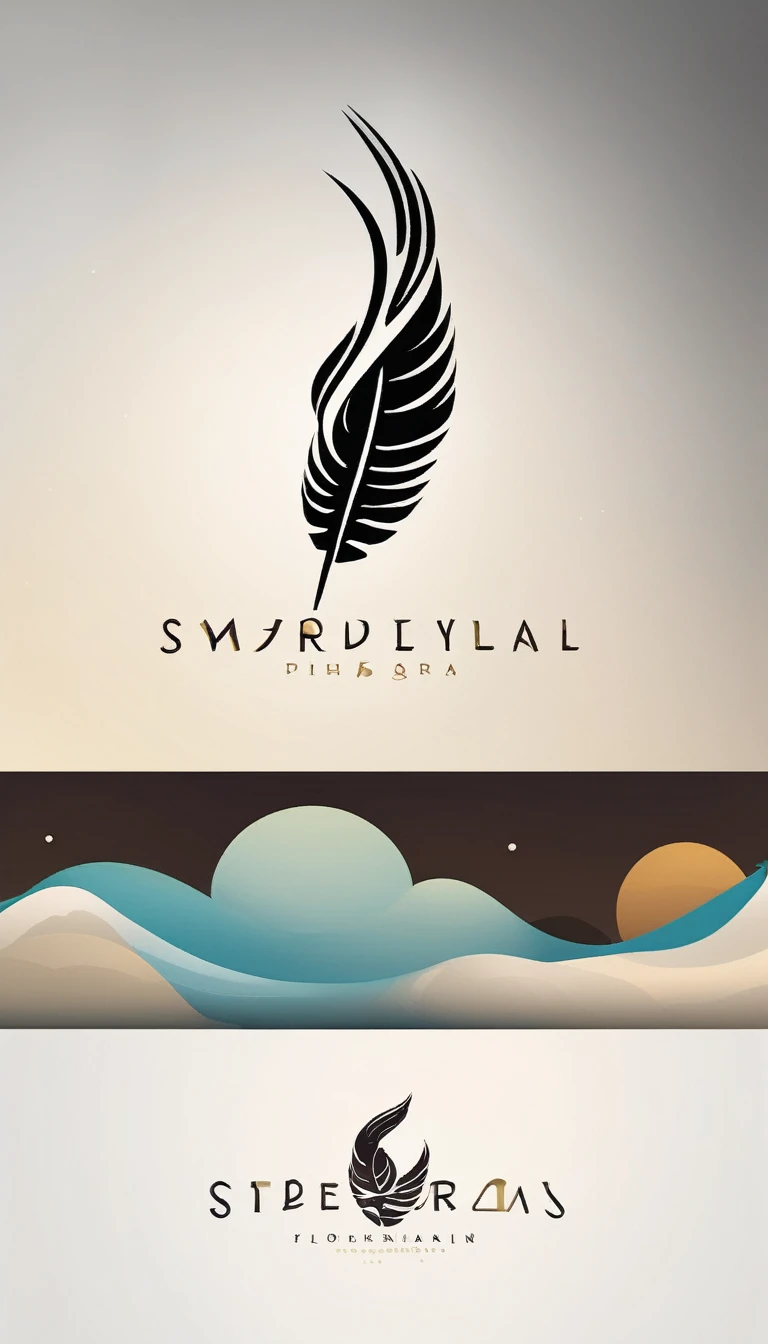 Create a cinematic, abstract symbol for a film production company based on stories and music. The logo should represent the companionship between a boy musician, A Storyteller Fantasy Bird and a Dreamy Feather. Minimalist symbol design